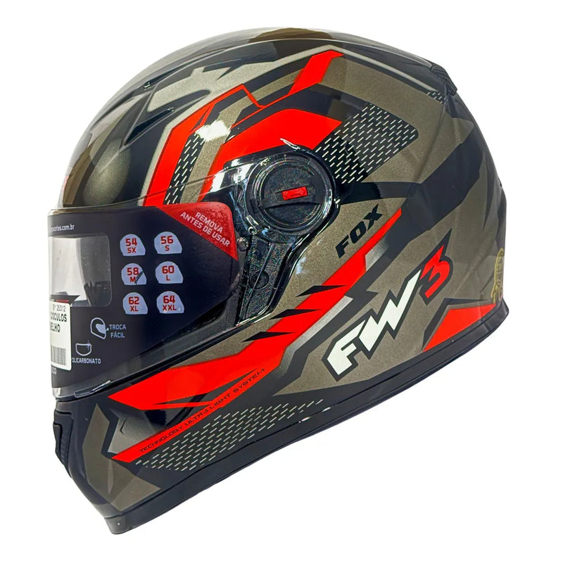 Capacete FW3 GTX FOX Preto Vermelho C/Óculos