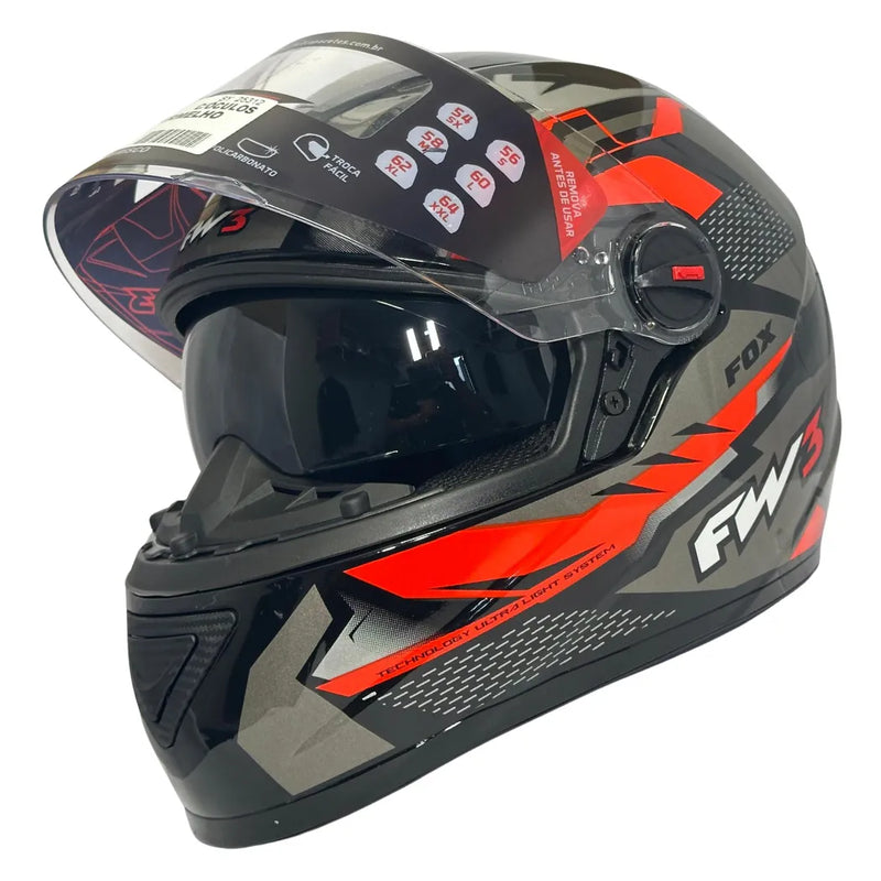 Capacete FW3 GTX FOX Preto Vermelho C/Óculos