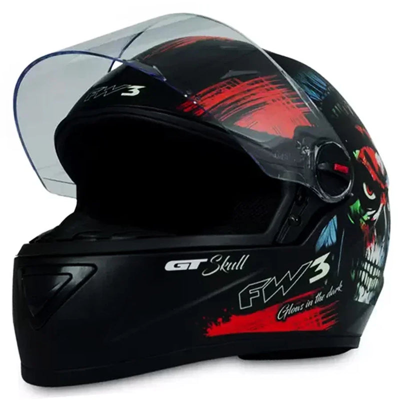 Capacete FW3 GT Skull Preto Brilhante Caveira Fechado